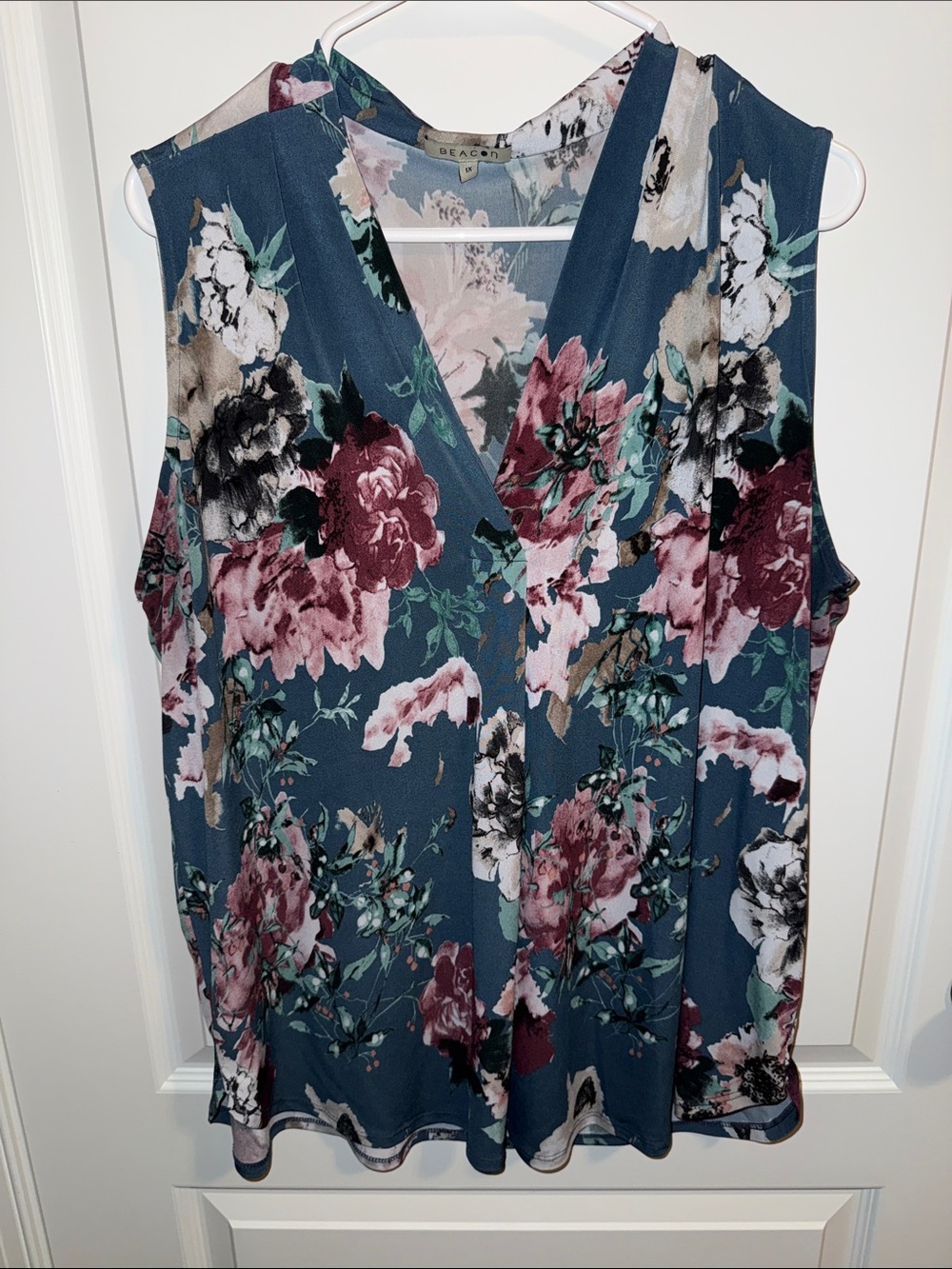 Beacon Floral Sleeveless V-Neck Blouse in Teal, Pink, White
